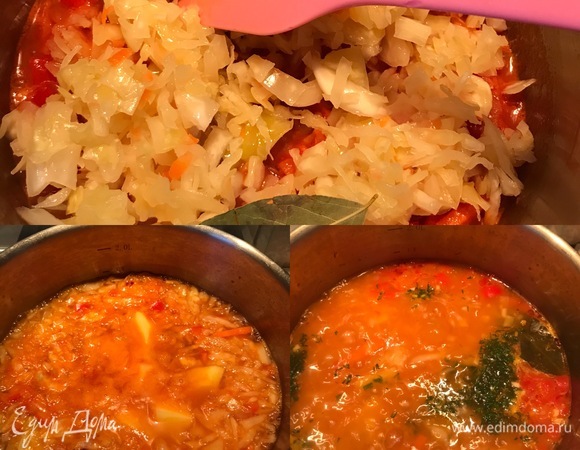 Залить бульоном, дать закипеть, добавить картофель и варить до готовности картофеля. В конце достать лавровый лист, добавить укроп, оставшийся чеснок, черный перец, перемешать и снять с огня.