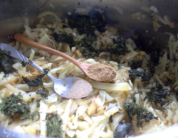 Добавить замороженный укроп и специи. Вначале — по половине ложечки, потом повторила.