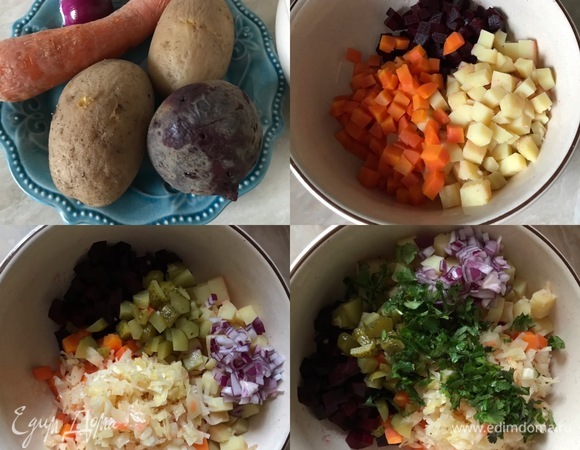 Картофель, морковь и свеклу хорошо вымыть (лучше потереть щеткой), отварить до готовности и остудить. Потом овощи нарезать кубиками и переложить в глубокую салатницу. Капусту отжать, мелко нарезать и выложить к овощам. Добавить нарезанный лук, огурец и кинзу. Затем — перец и соль по вкусу. Перемешать.