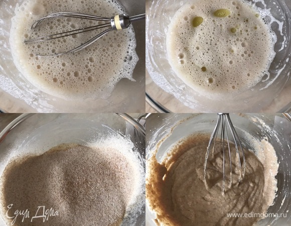 В теплом молоке растворить дрожжи, сахар и хорошо перемешать венчиком. Потом добавить соль, масло и еще раз перемешать венчиком. Затем добавить немного муки, замесить тесто, как на оладьи Оставить на 10 минут.