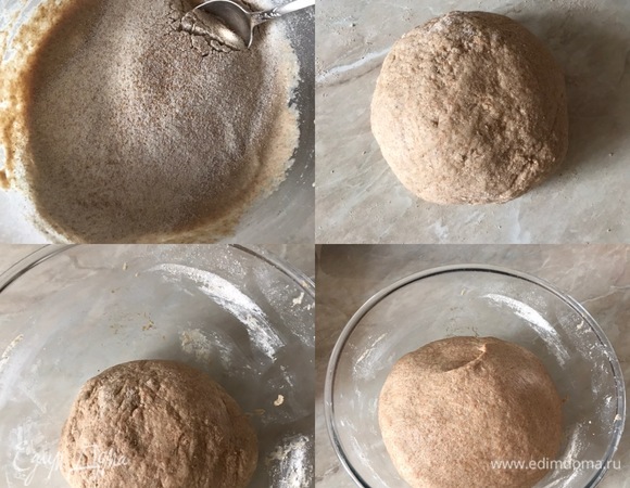 Начинаем добавлять по чуть-чуть муку и замешиваем нежное тесто. Мне хватило 320 г, но мука у всех разная, поэтому вам может понадобиться чуть больше или чуть меньше муки. Миску слегка смазываем растительным маслом, кладем тесто, накрываем пищевой пленкой и ставим емкость с тестом в теплое место на 50–60 минут. Обминаем тесто и опять оставляем в теплом месте на 1–1,5 часа. Тесто должно увеличиться в два раза.