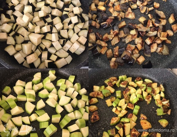 Сковороду с толстым дном хорошо разогреть, добавить немного оливкового масла из общего количества и обжарить баклажаны. Жарим сначала на сильном огне, а как только баклажаны зарумянятся, уменьшаем огонь и готовим до мягкости. Готовые баклажаны перекладываем в миску и накрываем ее фольгой. Потом так же жарим кабачки и перекладываем их в миску с баклажанами.