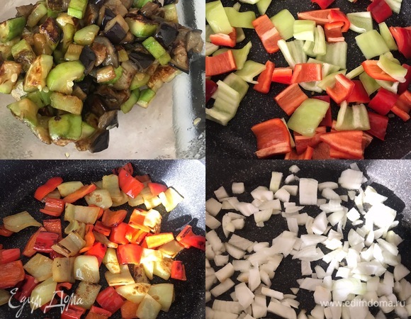 Теперь очередь болгарского перца. Опять добавляем немного масла, жарим болгарский перец и перекладываем его в миску с готовыми овощами. Затем жарим лук, он у нас должен хорошо подрумяниться.