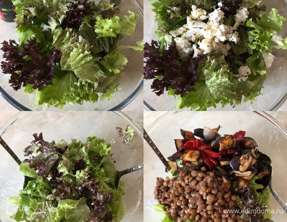 Салат крупно порвать руками и переложить в большую салатницу. Добавить чеснок (лучше выдавить через пресс), сыр, специи, масло и хорошо перемешать. Затем добавить остывшие овощи, чечевицу и еще раз аккуратно перемешать.