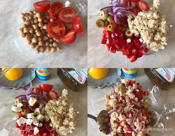 В салатницу переложить нут, добавить булгур, овощи, чеснок, оливки и сыр (он у меня мягкий, я его слегка раскрошила).