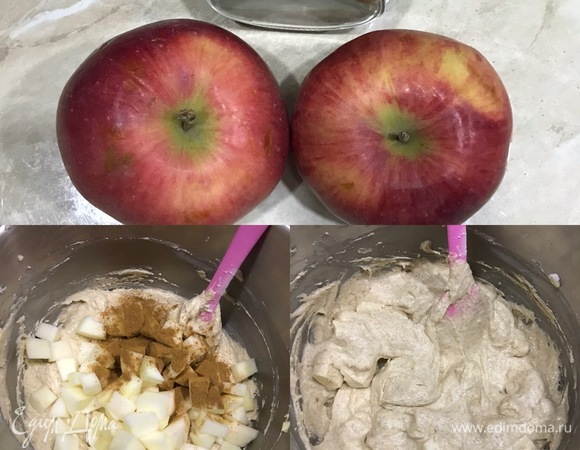 Яблоки очистить и нарезать кубиками. Выложить их к тесту, добавить корицу и еще раз хорошо перемешать спатулой.