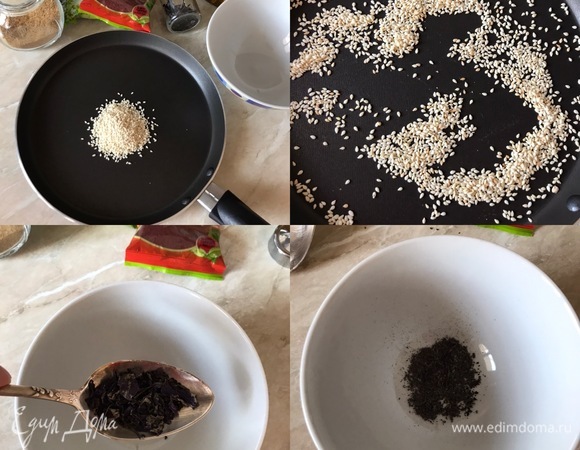 Сначала приготовим затар. Кунжут надо слегка поджарить на сковороде. В миску насыпать реган — это фиолетовый базилик. Добавить остальные специи, кунжут и перемешать.