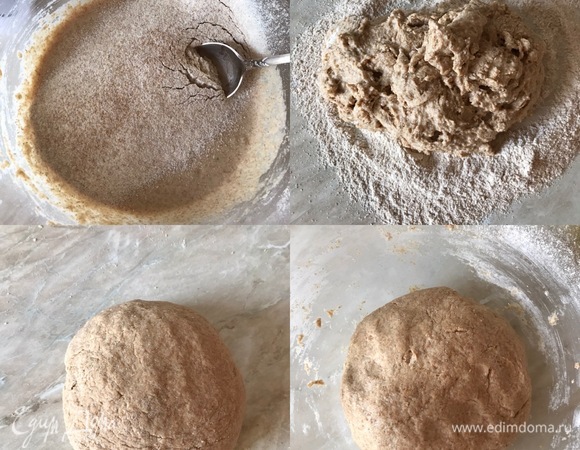 Спустя указанное время начинаем добавлять остальную муку и замешиваем нежное тесто, которое слегка липнет к рукам. Мне понадобилось ровно 300 г муки, но мука у всех разная. Миску слегка смазать маслом, переложить тесто в миску, накрыть и поставить в теплое место на один час. Спустя один час обмять тесто и оставить в теплом месте еще на один час.