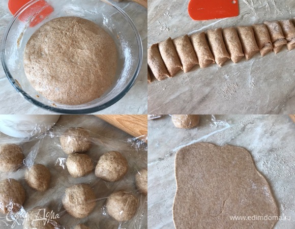 Спустя два часа мое тесто отлично поднялось. Рабочую поверхность посыпать мукой, переложить тесто, обмять и разделить на 12 частей. Скатать каждую часть в колобок и накрыть пленкой, чтобы тесто не обветрилось и не подсохло. Затем припыляем стол слегка мукой, берем колобок и раскатываем его в тонкую лепешку. Лепешка не должна быть ровной и круглой, главное — просто тонко раскатать тесто.