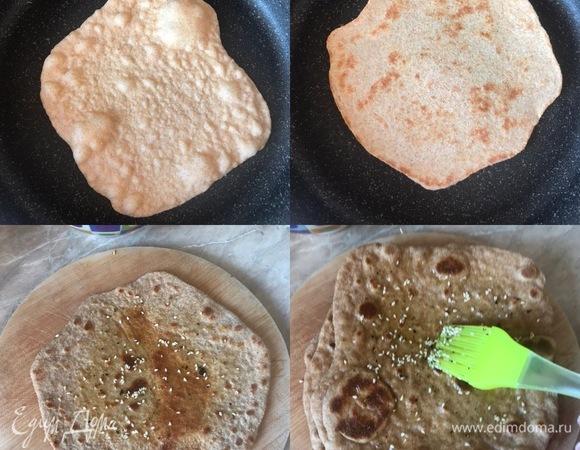 Сковороду с толстым дном хорошо разогреть, смазать маслом, как когда мы жарим блины, и начать жарить лепешки. Жарим на медленном огне 3–4 минуты с каждой стороны.