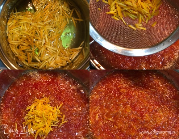 Пока джем варится, нам надо проварить шкурку от апельсина. Ставим маленькую кастрюлю с водой на огонь, даем воде закипеть и бросаем нарезанную шкурку апельсина. Варим 10 минут, так из нее выйдет горечь. Затем промываем и даем воде стечь. За 10 минут до готовности джема добавляем шкурки и варим еще 10 минут.