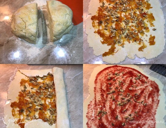 Духовку нагреть до 180°C. Рабочую поверхность посыпать мукой, тесто разделить на две части. Потом раскатать одну часть теста, смазать джемом, посыпать орехами и аккуратно свернуть в рулет. Затем то же самое повторить с оставшимся тестом.