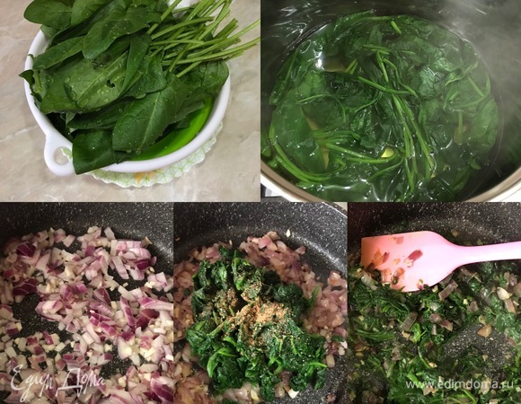 Шпинат вымыть и бланшировать в кипящей воде пару минут (если у вас молодой шпинат, то можно этот шаг пропустить). Затем остудить и слегка отжать. В сковороде разогреть масло и обжарить лук и чеснок. Затем добавить нарезанный шпинат, соль, черный перец, мускатный орех. Перемешать, потушить пару минут и снять с огня.