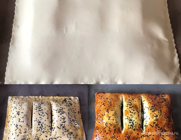 Накрыть сверху второй половинкой теста, хорошо зажать по краям и сделать сверху пару надрезов. Желток смешать с молоком и смазать верх пирога. По желанию можно посыпать кунжутом.