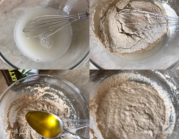 В слегка теплой воде растворить дрожжи. Потом добавить соль и перемешать венчиком. Затем всыпать цельнозерновую муку, снова перемешать. Добавить масло и еще раз хорошо перемешать, накрыть миску и оставить на 10 минут.