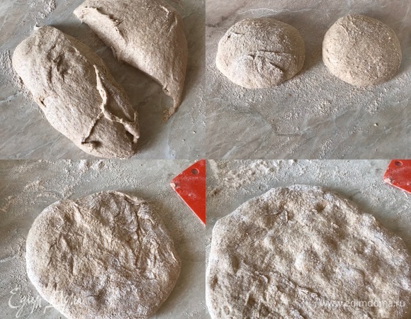 Разделить тесто на две части, каждую опять свернуть, подкатать в шары, накрыть и оставить еще на 30 минут. Спустя указанное время начинаем готовить пиццу. Духовку разогреть до максимальной температуры, у меня это 230°C. Итак, руками растягиваем тесто, оно очень приятное в работе: хорошо растягивается и практически не рвется, если это делать аккуратно.