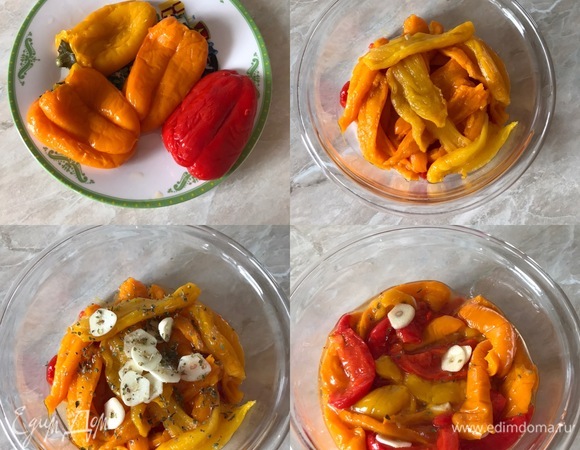 Остывшие перцы очистить от кожуры и удалить семечки. Потом нарезать на полоски и сложить в контейнер. Добавить нарезанный пластинками чеснок, соль, оливковое масло, орегано и перемешать. Закрыть контейнер и дать закуске настояться.