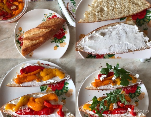 Теперь самое время приготовить бутерброды. Багет разрезать пополам и слегка поджарить в тостере. Потом смазать сливочным сыром и сверху разложить закуску из перцев.