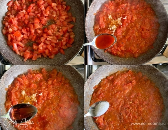 На разогретой сковороде тушить помидоры примерно 6 мин. Добавить чеснок, острый соус, уксус, соль, сахар, черный перец. Перемешать и тушить еще 3–5 мин.