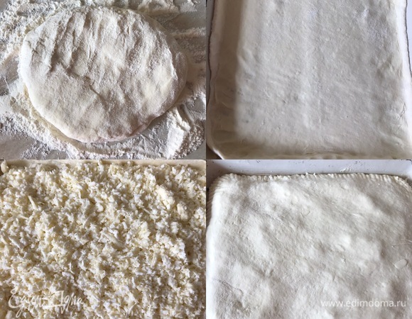 Духовку нагреть до 180°C. Противень размером 34х29 см смазать маслом и слегка посыпать мукой. Рабочую поверхность тоже посыпать мукой, переложить тесто, разделить на две части. Раскатать одну часть, переложить на противень, а сверху распределить сырную начинку. Затем раскатать вторую часть теста и накрыть пирог. Лишнее тесто срезать, хорошо зажать пирог по краям и наколоть верх пирога вилкой.