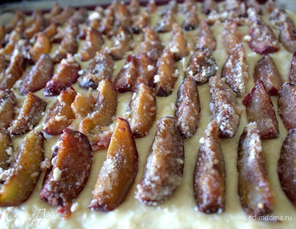 Распределить сверху дольки замороженной сливы. Я посыпала сухарями, но это необязательно. Сладкоежки могут посыпать сливу сахаром.