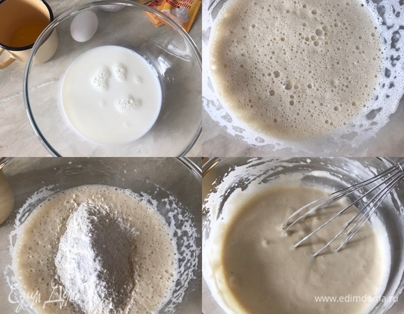 Для этого рецепта я брала детское яблочное пюре. Итак, в миске взбить венчиком молоко, яйцо, сахар, яблочное пюре и ванильный сахар. Затем добавить муку, соль, соду, разрыхлитель и еще раз хорошо взбить.