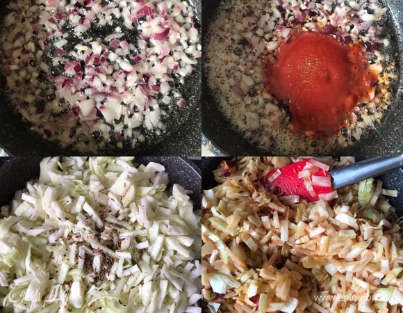 Для начинки лук и чеснок мелко нарезать. Капусту я тоже шинкую мелко, но вы делайте на свой вкус. В сковороде разогреть оливковое масло и обжарить лук с чесноком. Потом добавить пассату, сахар и перемешать. Затем добавить капусту, соль, перец, тмин, перемешать, залить небольшим количеством воды и тушить капусту до готовности.