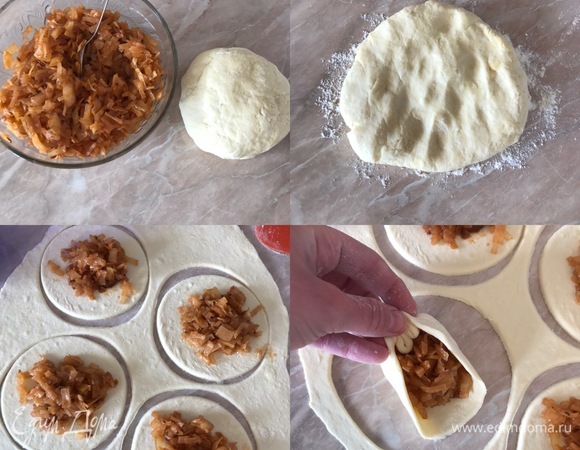 Духовку нагреть до 180°C. Рабочую поверхность посыпать мукой, переложить тесто и разделить на две части. Раскатать одну часть теста, вырезать кружки, в центр кружка положить начинку, собрать кря теста в центр, хорошо зажать и сформировать колобок.