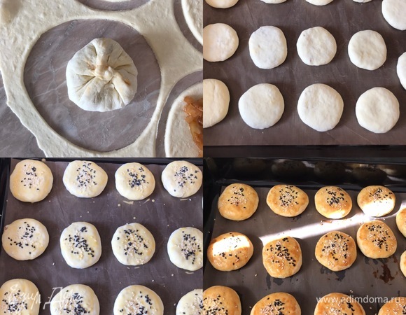 Переложить булочку на противень швом вниз и слегка прижать. Желток смешать с молоком, смазать булочки и сверху пару раз наколоть вилкой.