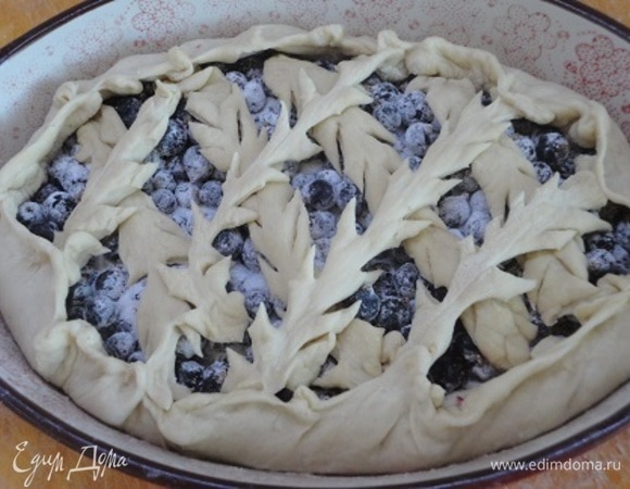 Смородину смешать с сахаром и крахмалом. Выложить начинку на тесто, поставить в духовку (180°C) на 35–40 мин.