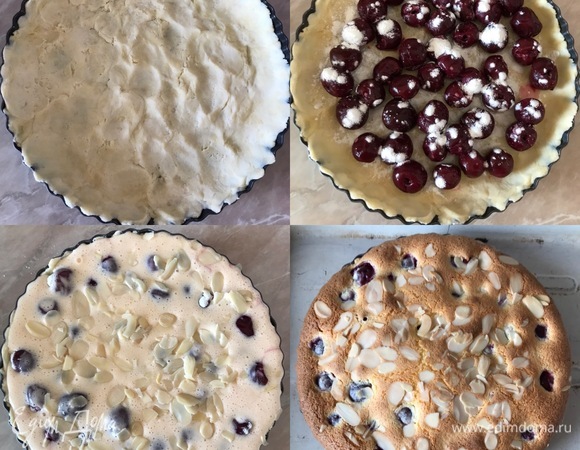 Форму для выпечки диаметром 20 см слегка смазать маслом и посыпать мукой. Тесто достать из холодильника и руками быстро распределить по форме. Потом распределить по тесту вишню и посыпать крахмалом. Затем залить кремом и посыпать миндальными лепестками.