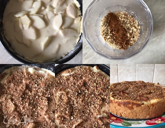 Залить сверху кремом. Для ореховой крошки смешиваем оставшиеся измельченные орехи с корицей (я добавила 1 ч. л. корицы, но вы добавляйте по вкусу) и посыпаем сверху на крем.