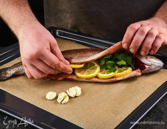Форель ТМ «Карельская форель Николая Федоренко» промойте, обсушите бумажными полотенцами, выложите на противень, застеленный пергаментом. Форель наполните дольками лимона, рубленой кинзой, чесноком.