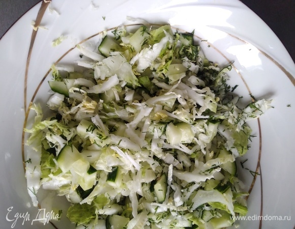 Нашинковать капусту, соединить с нарезанным укропом и огурцом.
