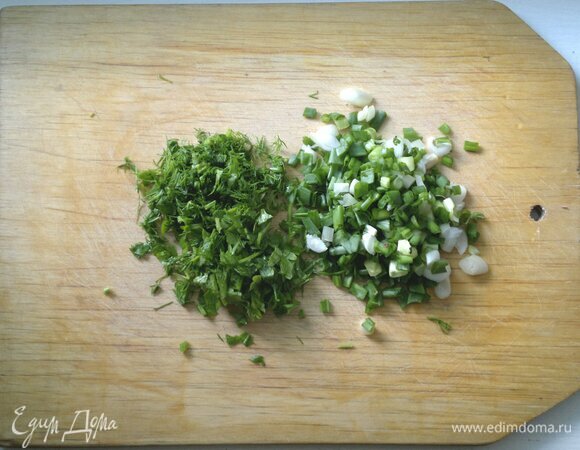 Зеленый лук, зелень петрушки и укропа вымыть, обсушить, мелко нарезать.