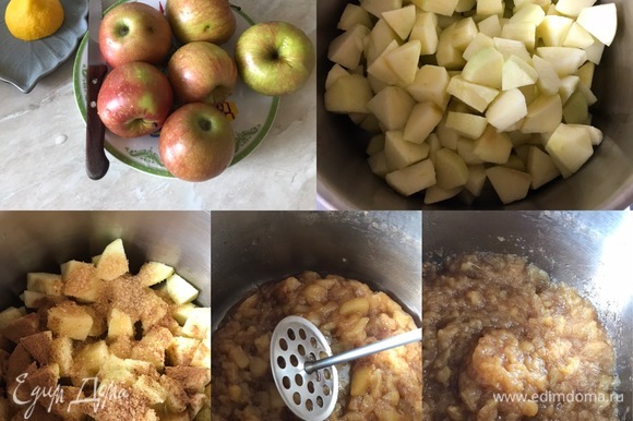 Яблочное пюре: яблоки очистить, нарезать кубиками и переложить в кастрюлю с толстым дном. Добавить сахар, корицу, лимонный сок, немного воды, поставить на медленный огонь и готовить до мягкости яблок. Затем готовые яблоки размять толкушкой и полностью остудить.