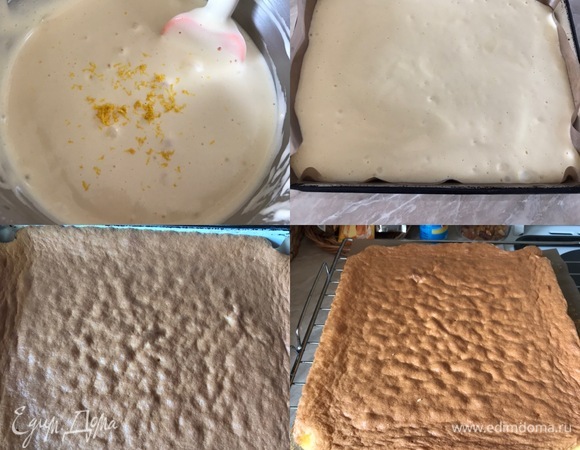 В конце добавить лимонную цедру и еще раз слегка перемешать. Переложить тесто на противень, разровнять и выпекать 12–15 минут. Готовый бисквит остудить на решетке.