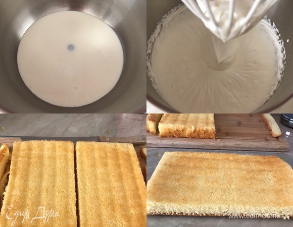 Крем: сливки и ванильный сахар взбить до устойчивых пиков. Сборка десерта: бисквит переложить на рабочую поверхность, снять бумагу для выпечки, обрезать края и поделить бисквит на две равные части.