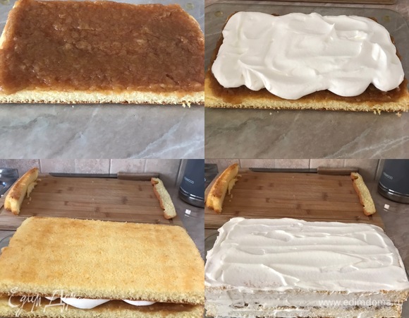 Переложить одну половину бисквита на блюдо, смазать яблочным пюре и сверху распределить половину крема. Затем накрыть второй половиной бисквита и смазать верх и бока оставшимся кремом.