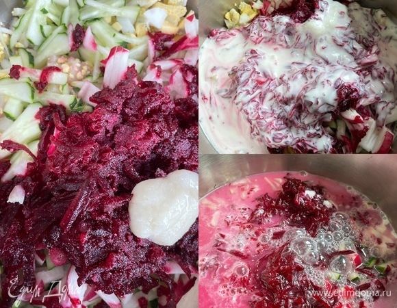 Добавьте хрен, посолите и поперчите. Залейте кефиром и минералкой и хорошо перемешайте.