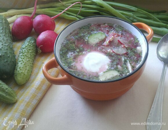 Подать окрошку на свекольном квасе к столу. Каждый солит, перчит и добавляет сметану по вкусу. Угощайтесь! Приятного аппетита!