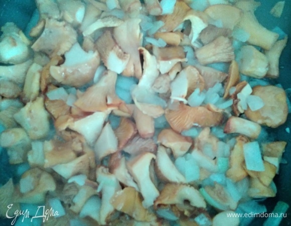 Лисички промыть, нарезать. Поджарить их с луком 5–7 минут на масле.