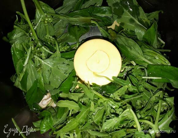 Для пюре положите руколу, базилик, мед и оливковое масло в комбайн и измельчите до однородного состояния.