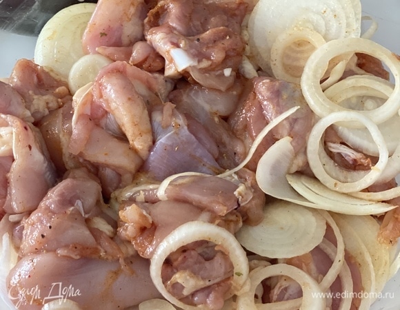 Для шашлычков необходимо брать филе бедра куриного, уже без костей. Мясо промыть, просушить на бумажных полотенцах. Нарезать небольшими кусочками. Лук очистить, нарезать кружками. Чеснок очистить, выдавить через пресс. Смешать соль, перец, приправу «Для курицы», чеснок. Заправить мясо, добавить кольца лука, хорошо перемешать, отставить мариноваться на 2–3 часа. За 30 минут до истечения времени замочить в холодной воде шпажки — 8 шт длиной 30 см.