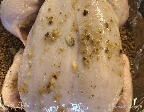 Масло, соль, измельченный чеснок и аджику смешать, натереть получившейся массой куриную тушку. Оставить мариноваться на 20–30 минут. Форму застелить фольгой, на дно выложить гречневую крупу, сверху — замаринованную курицу. На дно аккуратно добавить воду, чтобы она полностью покрывала гречку.