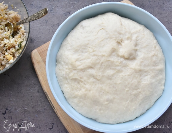 Замешиваю тесто. По текстуре оно слегка липкое. Перекладываю его в миску, накрываю полотенцем и оставляю на час для подъема.