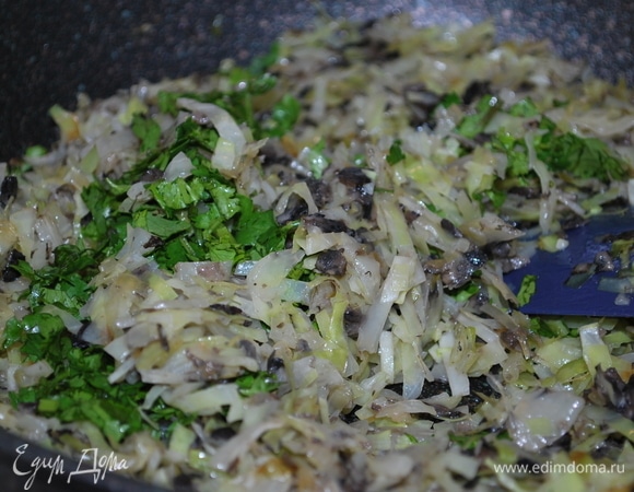 Приготовьте начинку для пельменей. Лук очистите и мелко порубите, капусту мелко нашинкуйте. Сковороду с толстым дном хорошо разогрейте, налейте растительное масло, обжаривайте лук в течение 3–4 мин. Добавьте грибы (у меня предварительно обжаренные подосиновики). Обжаривайте вместе лук и грибы, постоянно помешивая, в течение 4–5 минут, добавьте капусту и тушите все вместе примерно 7–8 минут. В самом конце добавьте свежую кинзу. Посолите и поперчите по вкусу.