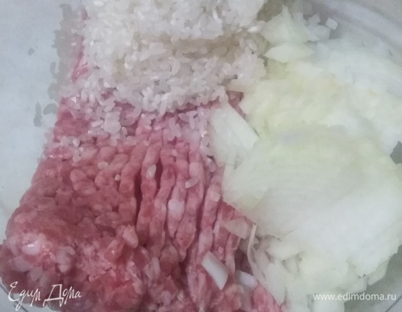 В фарш добавить нарезанный лук, промытый рис, соль, молотый перец. Перемешать.