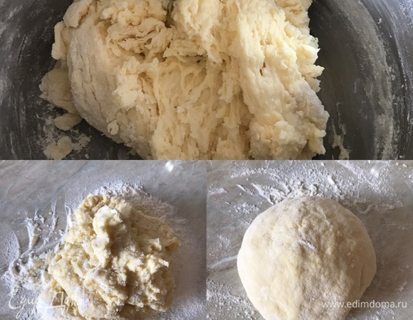 Затем начинаем по чуть-чуть добавлять муку. Замешиваем нежное тесто. Готовое тесто завернуть в пищевую пленку и отправить в холодильник на 30–40 минут.