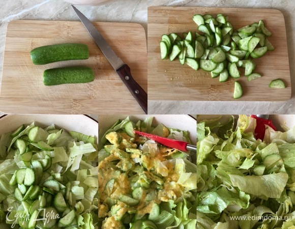 Затем очень мелко нарезаем огурцы (у меня огурцы маленького размера, если у вас большие, то достаточно будет одного), добавляем их в салат и хорошо перемешиваем.